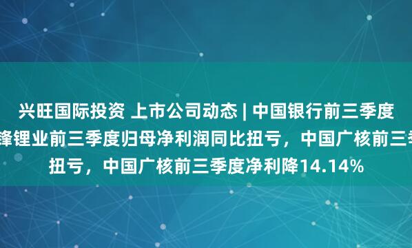 兴旺国际投资 上市公司动态 | 中国银行前三季度净利增1.08%,赣锋锂业前三季度归母净利润同比扭亏,中国广核前三季度净利降14.14%